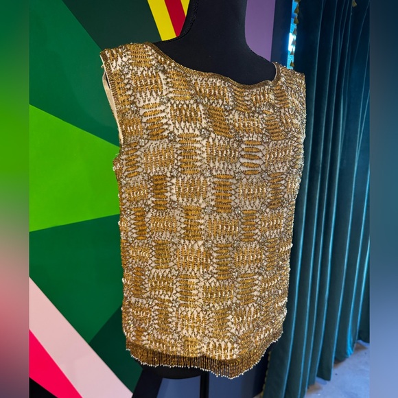 Vintage 1960s Miss Egypt Gold Beaded Embellished Fringe Hem Top - Picture 1 of 7